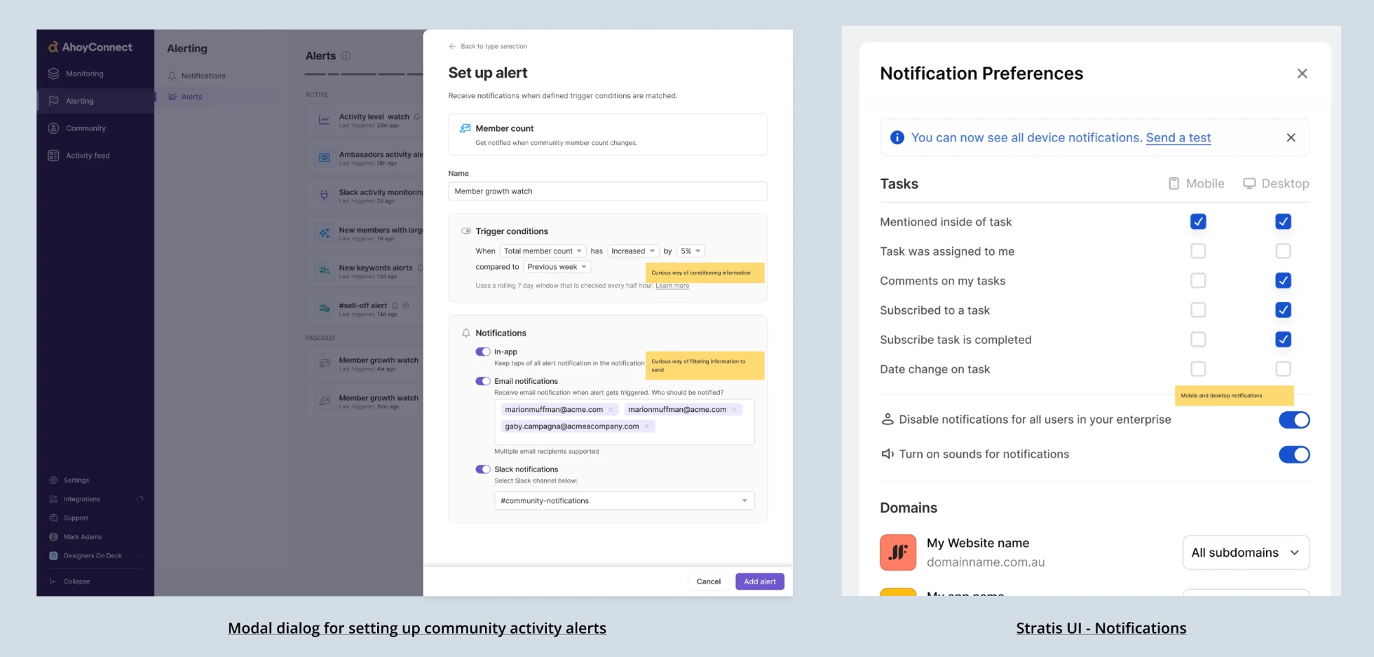 Referencias de benchmark: modal de configuración de alertas de AhoyConnect y panel de preferencias de notificaciones de Stratis UI