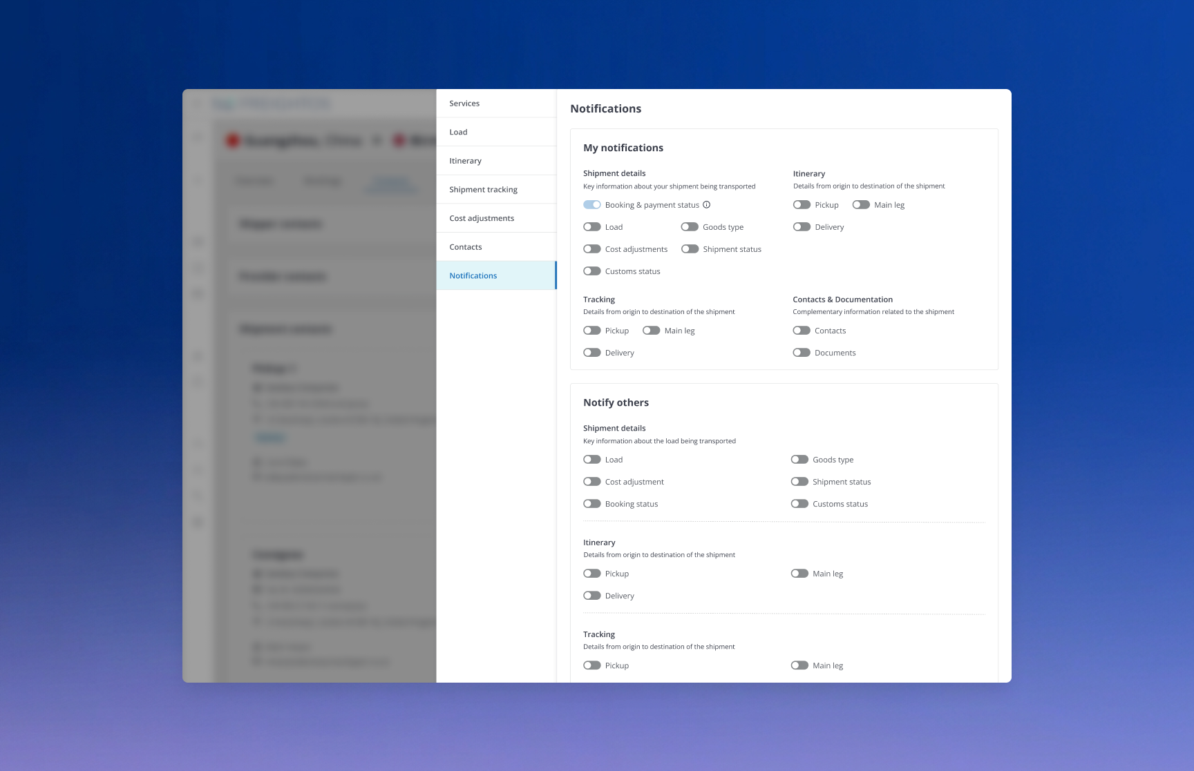 Panel de configuración de notificaciones, con Mis notificaciones y Notificar a otros