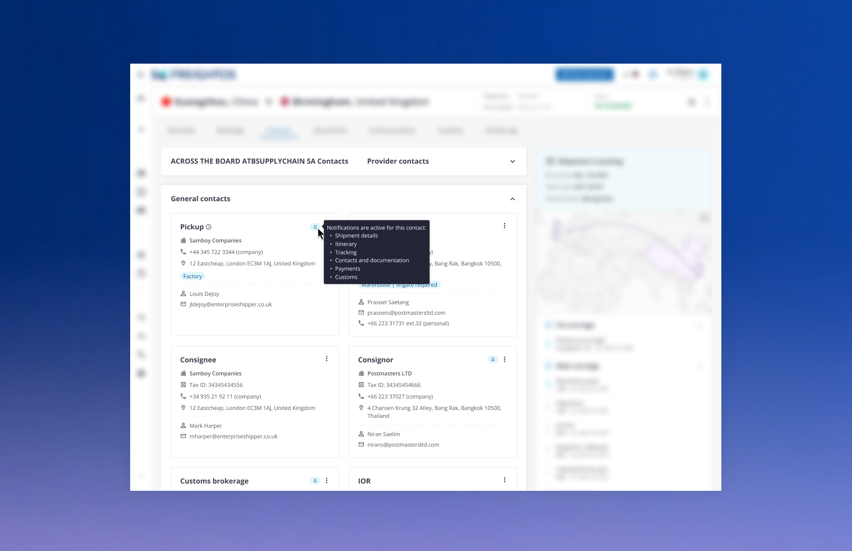 Tooltip de notificaciones activas sobre un contacto de envío en la plataforma