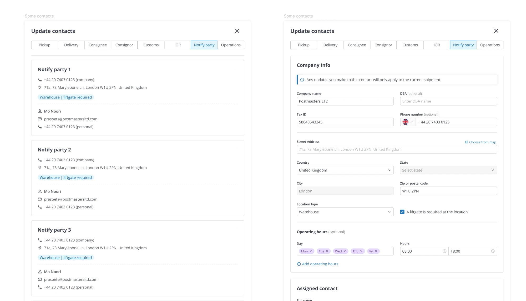 Comparativa del modal Update contacts con la pestaña Notify party, mostrando la lista de notify parties y el formulario de edición de compañía