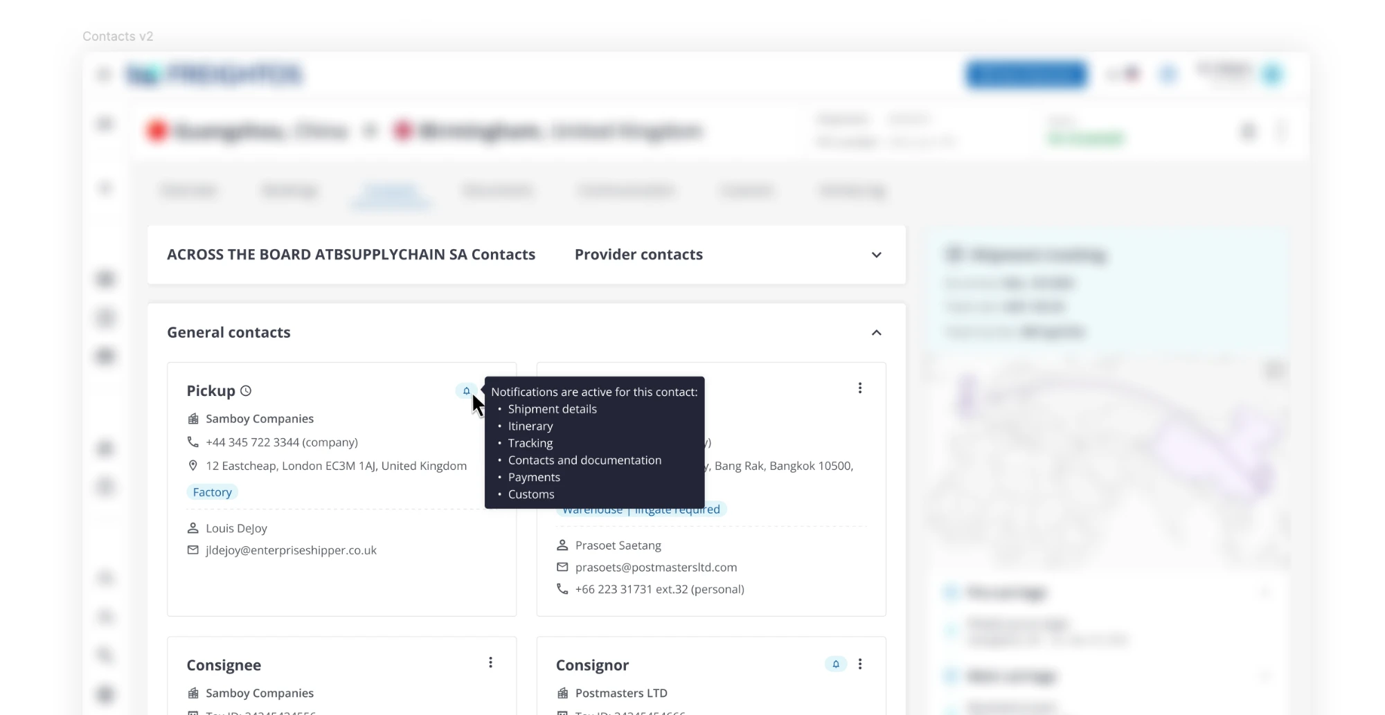 Contacts v2: tarjeta de contacto Pickup con el icono de campana activo y el tooltip listando los tipos de notificación activados
