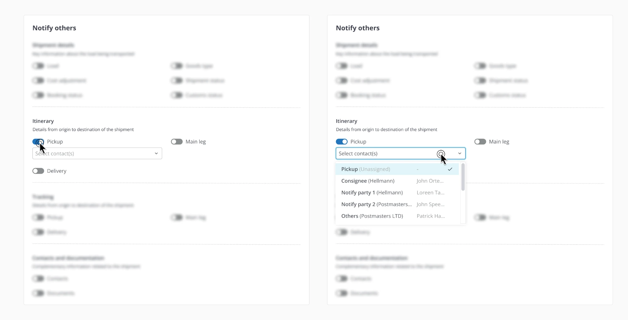 Comparativa del bloque Notify others, con el desplegable de selección de contactos para el evento Itinerary abierto