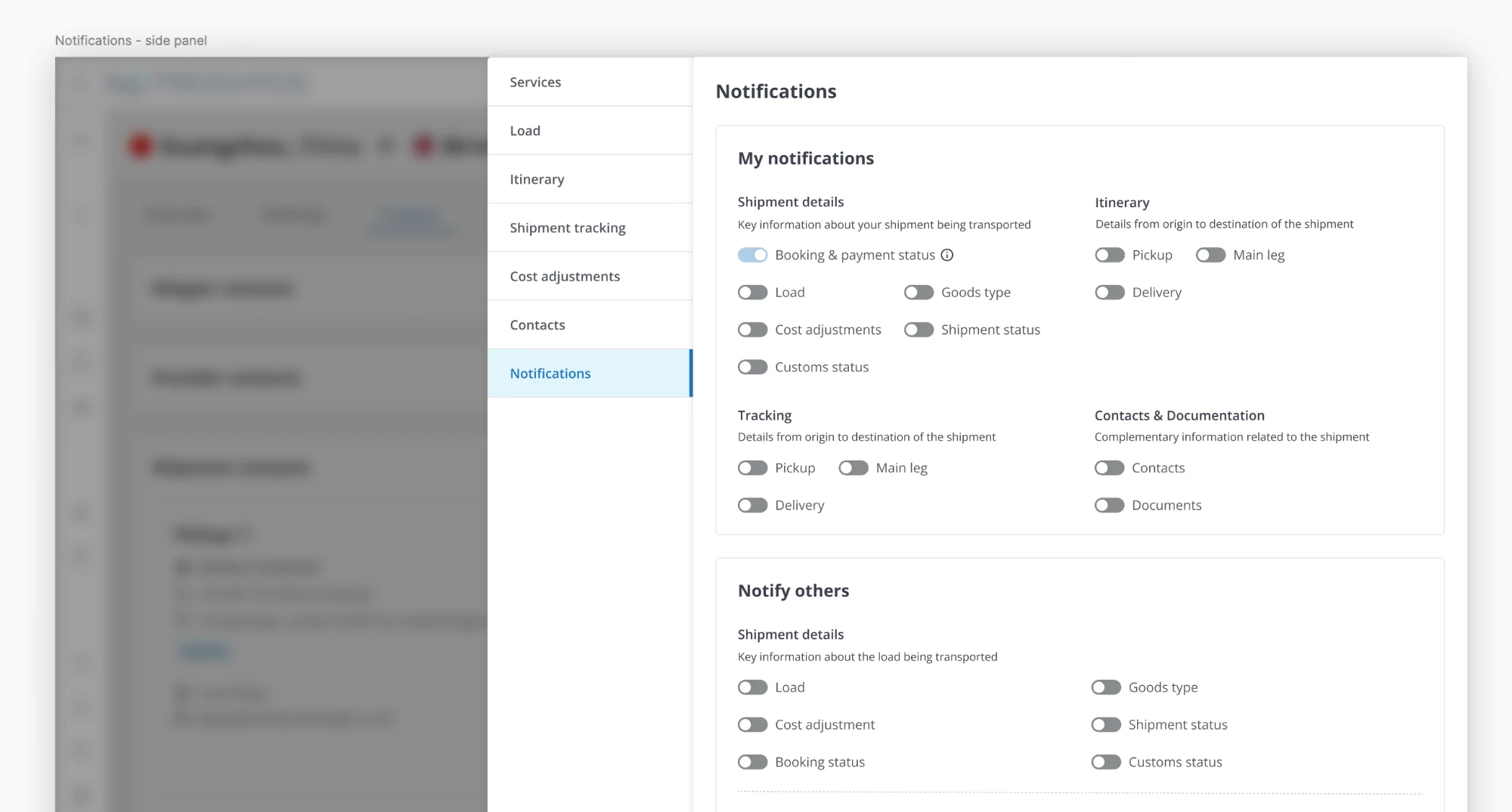 Panel lateral de notificaciones con las secciones My notifications y Notify others
