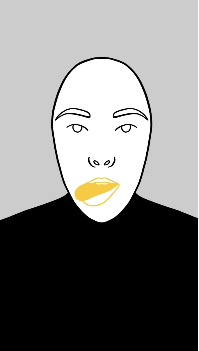 Ilustración del asistente virtual con los labios resaltados en amarillo para el ejercicio orofacial de la disfagia