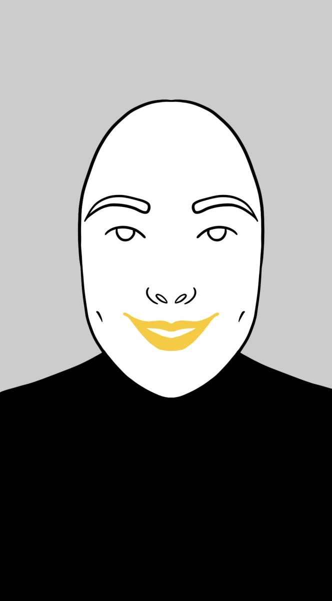 Ilustración del asistente virtual sonriendo con los labios resaltados en amarillo para el ejercicio orofacial de la facies amímica