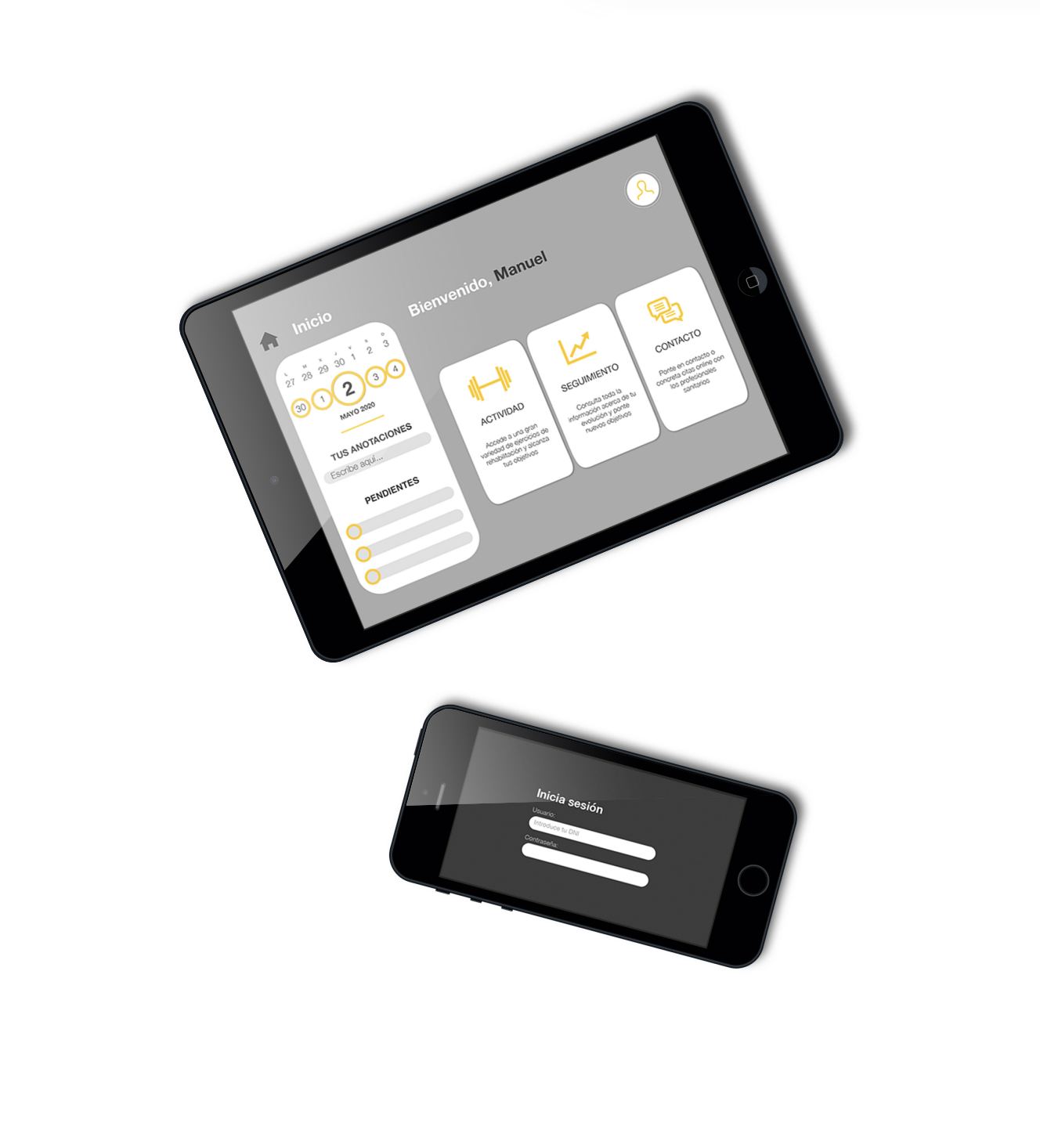 Mockup de un iPad mostrando la pantalla de Inicio y un iPhone con la pantalla de inicio de sesión, solicitando DNI y contraseña
