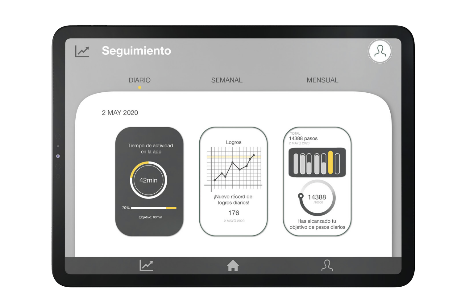 Mockup de un iPad mostrando la pantalla de Seguimiento de la aplicación