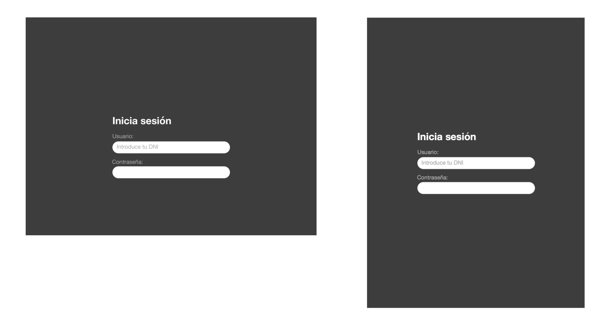Mockup de la pantalla de inicio de sesión, con campos para usuario (DNI) y contraseña, en formato horizontal y vertical