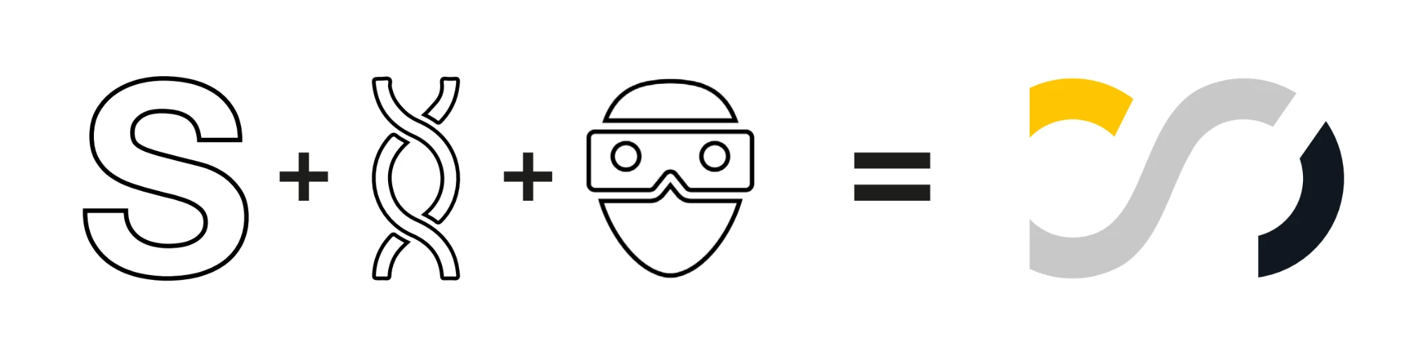 Construcción del símbolo del logotipo de SISDEVA: la letra S, una hélice de ADN y unas gafas de realidad virtual se combinan para formar el icono de la marca