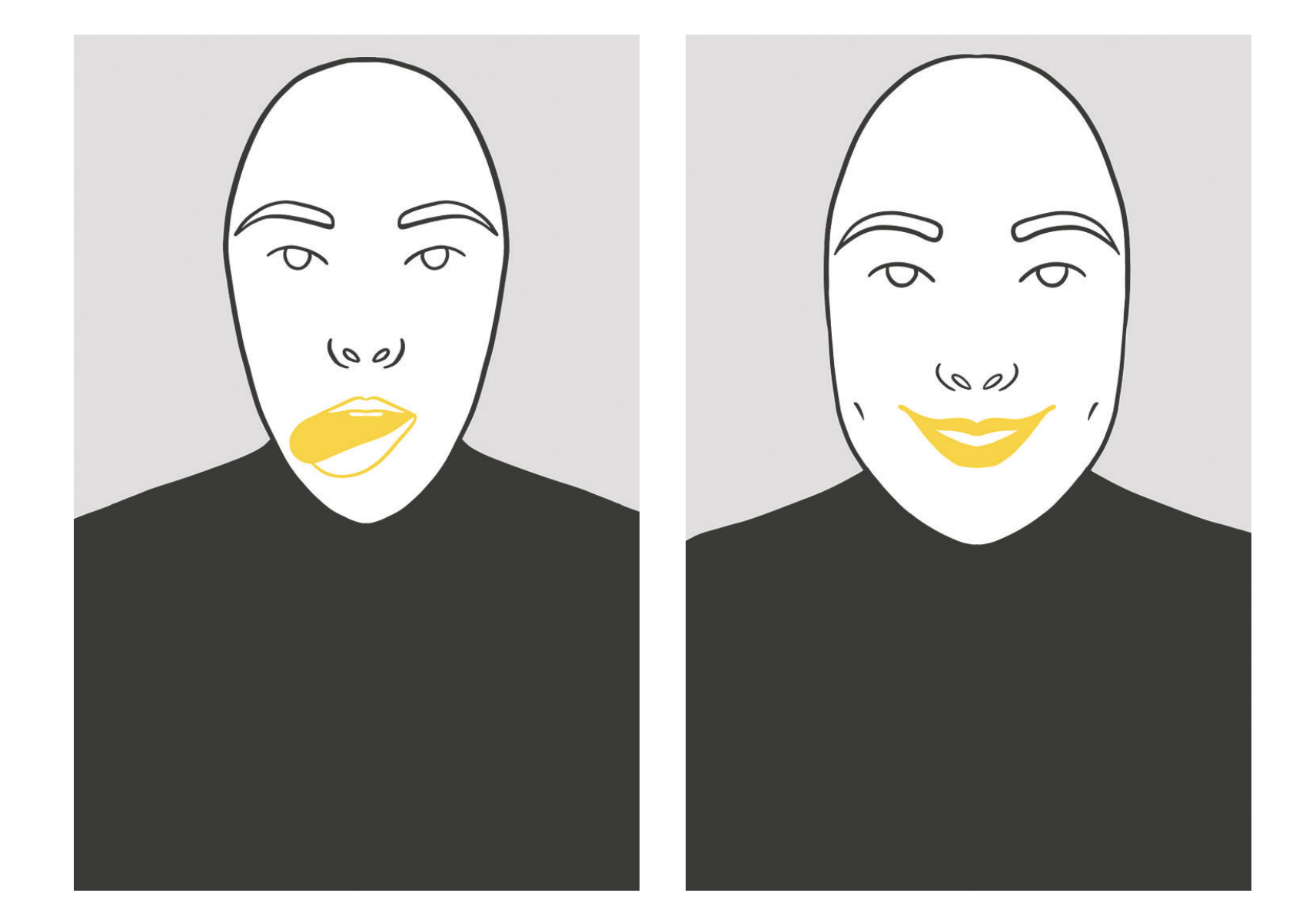 Ilustraciones para el tratamiento orofacial: dos rostros ilustrados con los labios resaltados en amarillo