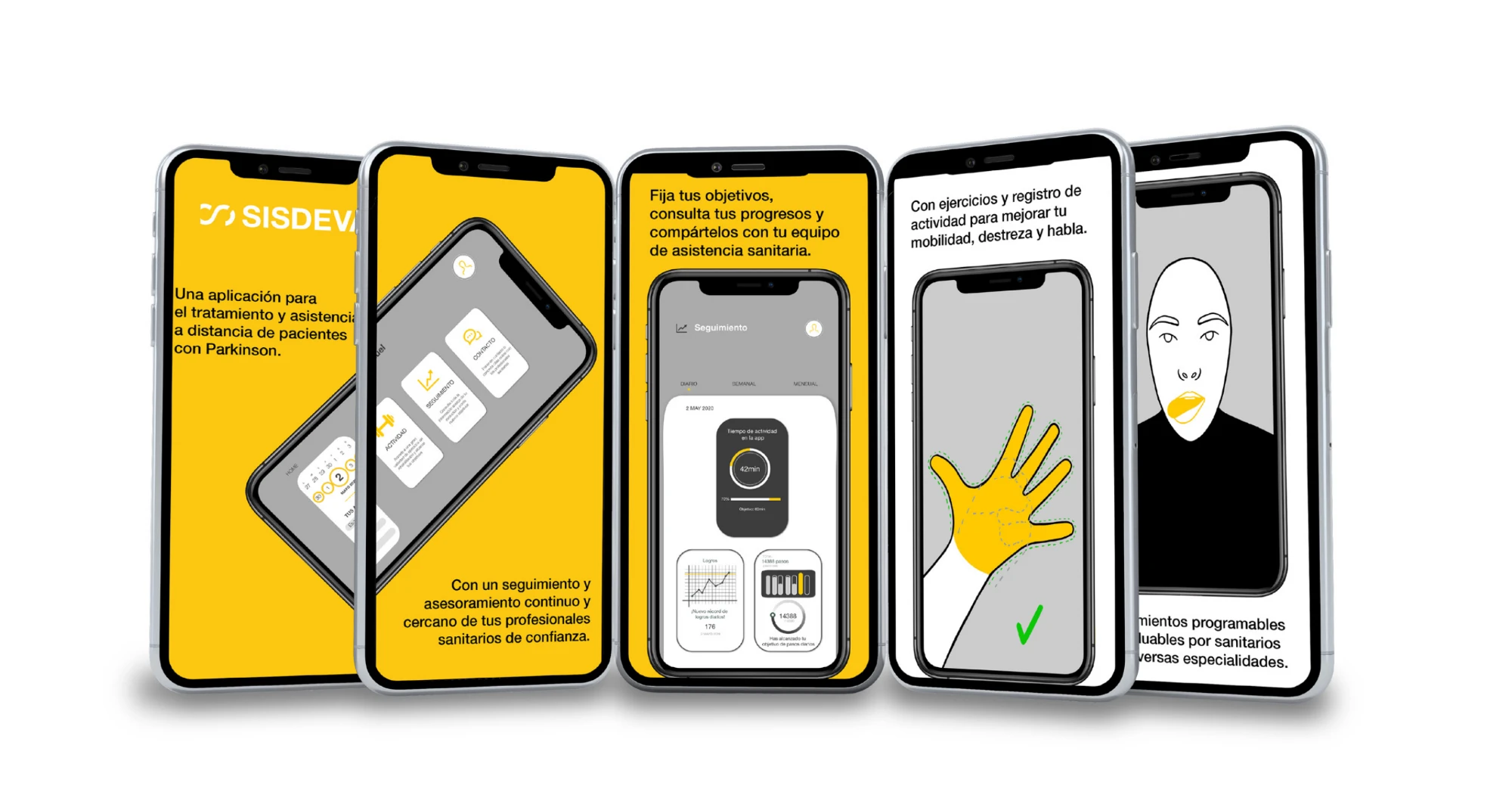 Cinco mockups de iPhone mostrando distintas pantallas de la aplicación SISDEVA: portada, inicio, seguimiento, ejercicio de mano y ejercicio orofacial