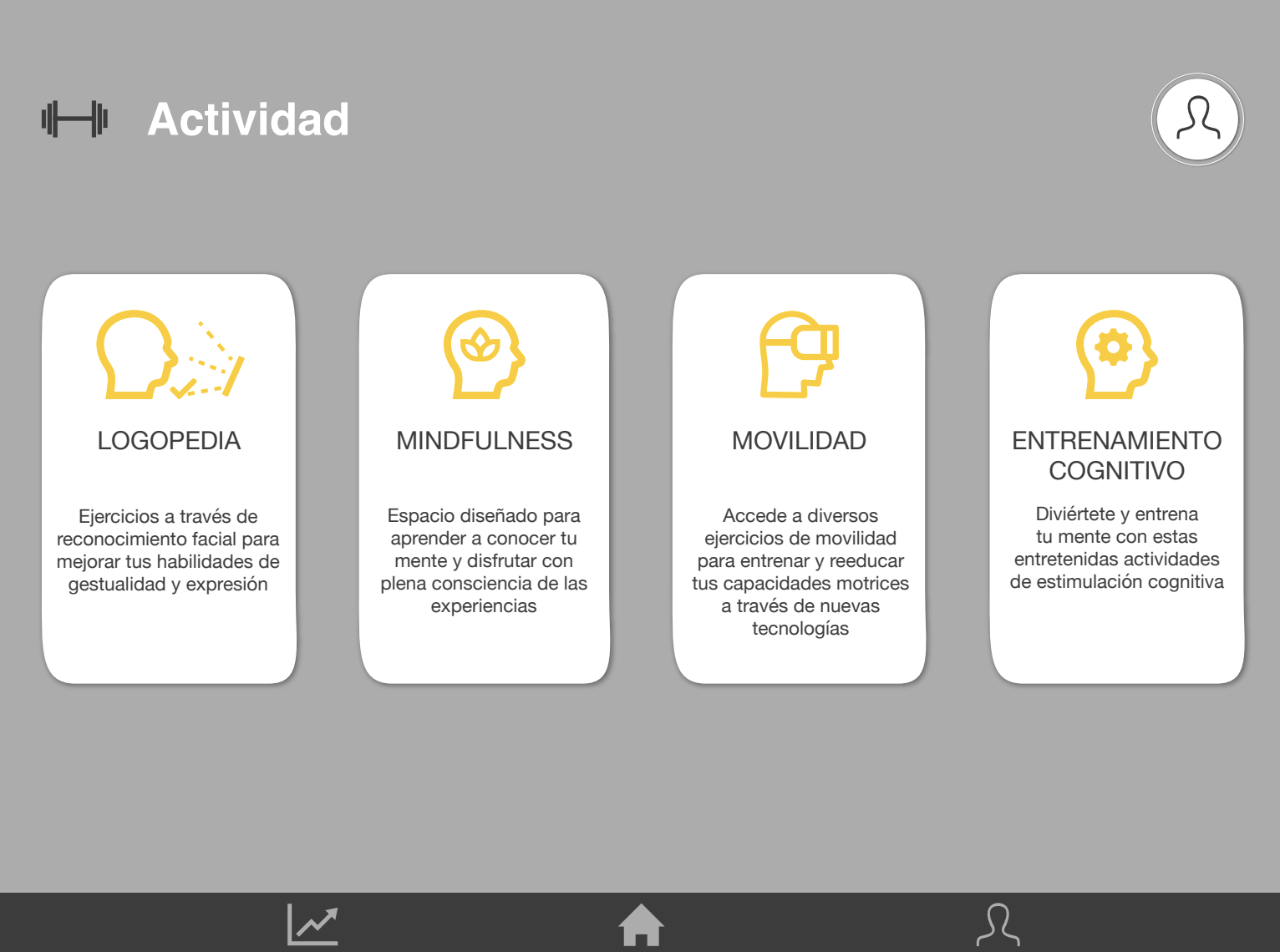 Wireframe de alta fidelidad de la pantalla Actividad, con cuatro tarjetas: Logopedia, Mindfulness, Movilidad y Entrenamiento cognitivo