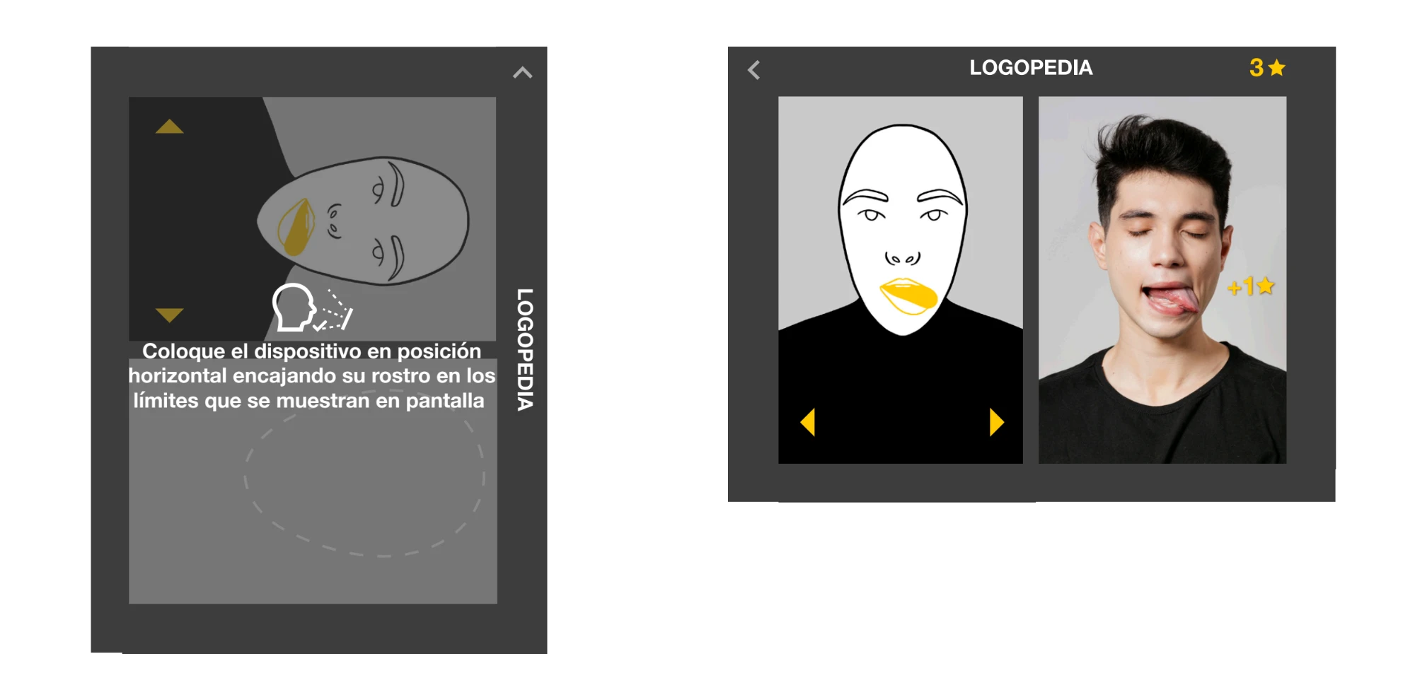 Wireframe de alta fidelidad del ejercicio de Logopedia, mostrando el boceto del movimiento a imitar y la webcam del usuario realizándolo