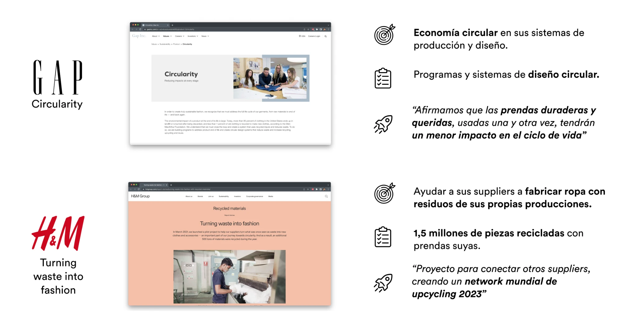 Benchmark de Gap (Circularity) y H&M (Turning waste into fashion): objetivos, acciones y futuro de sus iniciativas de sostenibilidad
