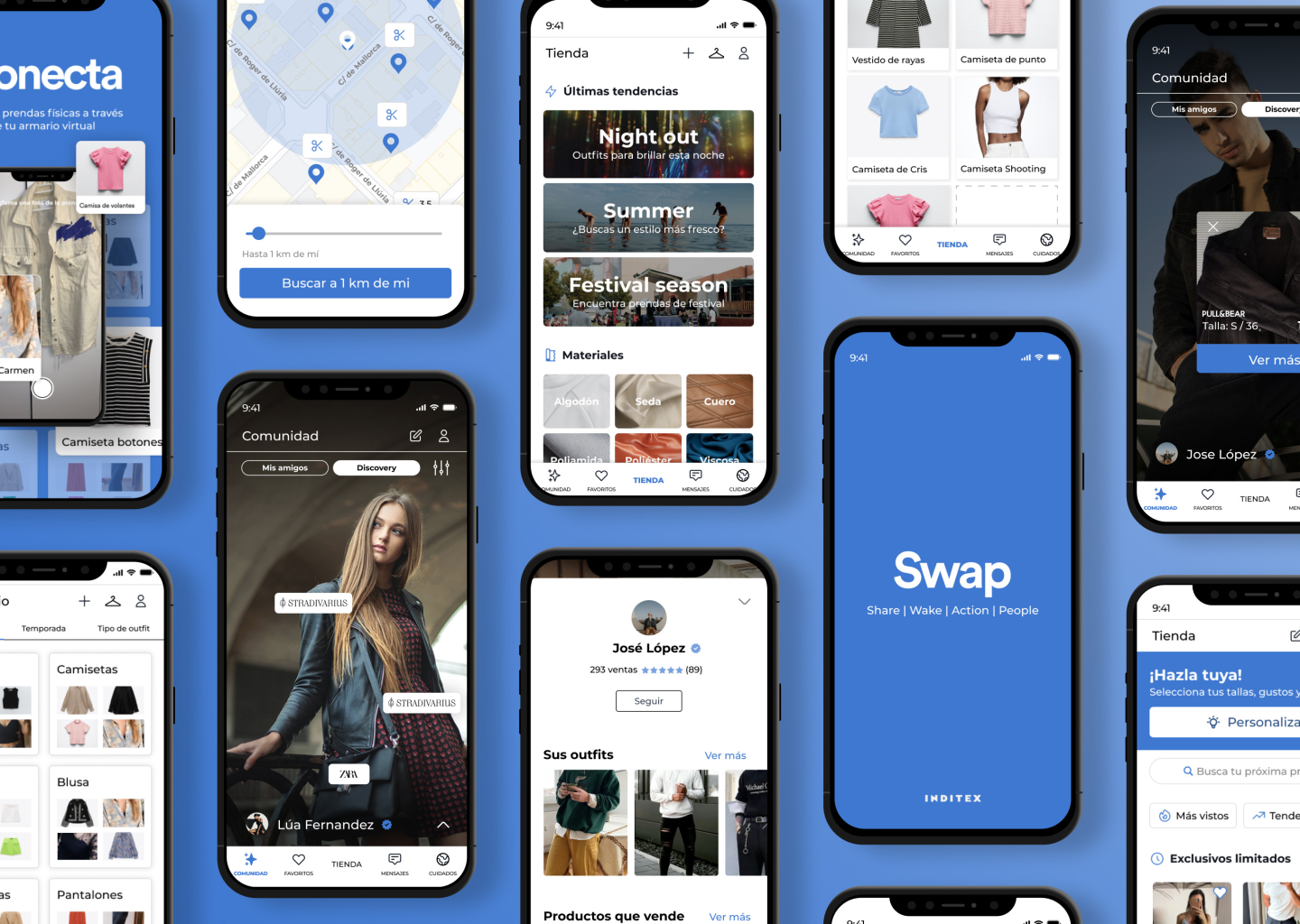Pantallas de conexión de armario virtual, mapa de búsqueda cercana, tienda y comunidad de la app Swap