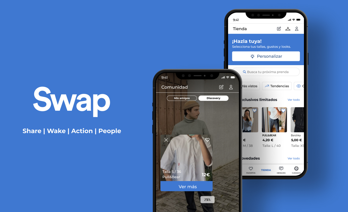 Swap: pantallas de comunidad y tienda de la app de intercambio de ropa de segunda mano