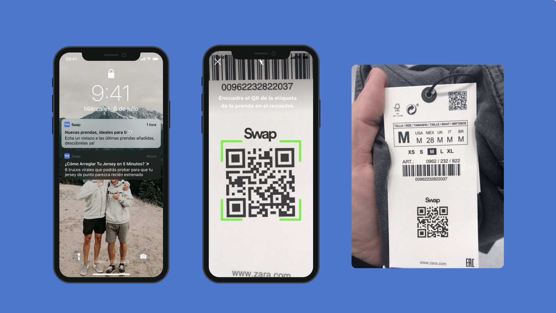 Notificaciones push, escaneo del QR de la etiqueta de una prenda y etiqueta física de la prenda con QR de Swap