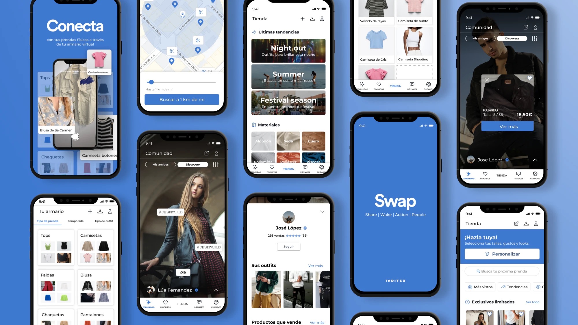 Collage de pantallas de la app SWAP: armario, tienda, comunidad y perfil de vendedor