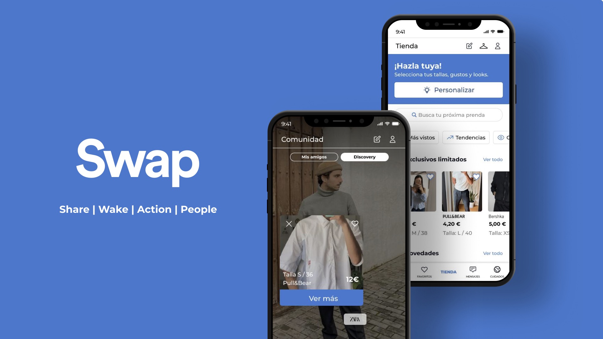 Pantalla de bienvenida de SWAP junto a las pantallas de Comunidad y Tienda