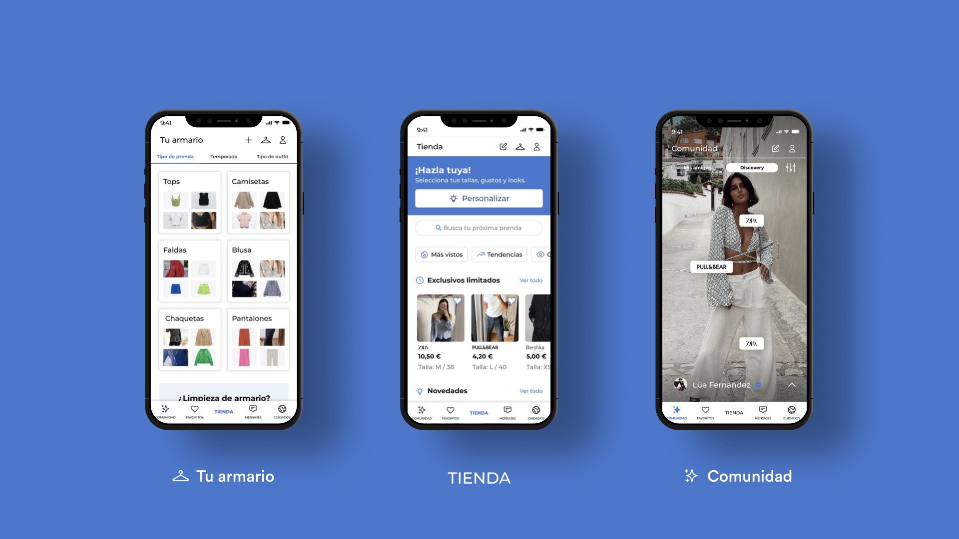 Pantallas de Tu Armario, Tienda y Comunidad de la app SWAP