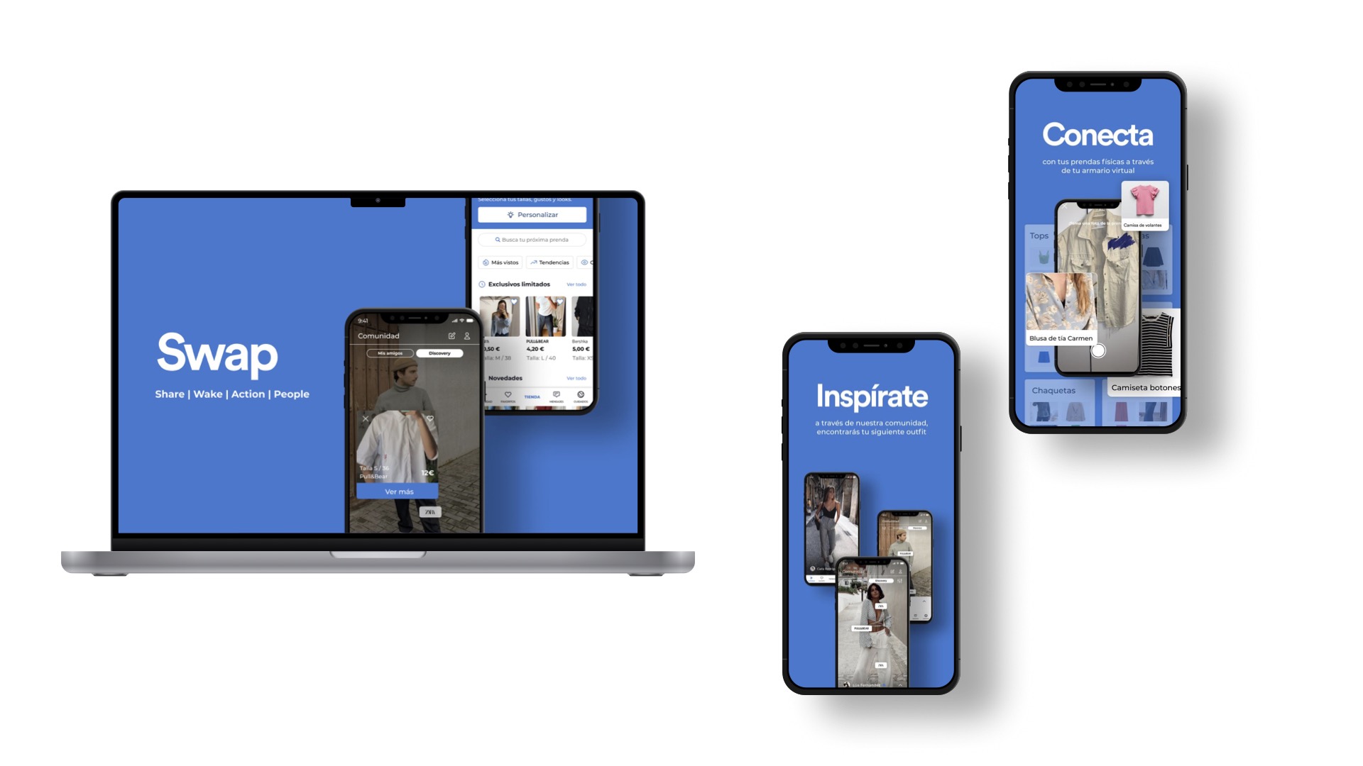Mockup de la app SWAP en portátil y móviles: pantalla de bienvenida, Inspírate y Conecta