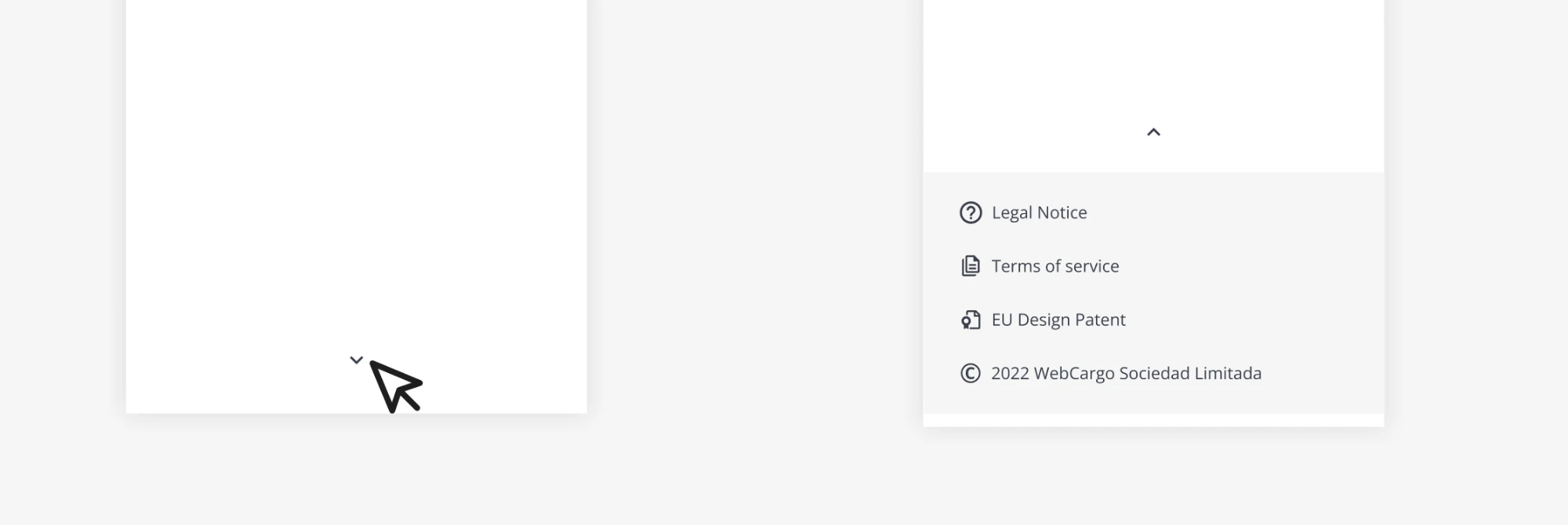Footer del menú colapsado y expandido con Legal Notice, Terms of service, EU Design Patent y copyright