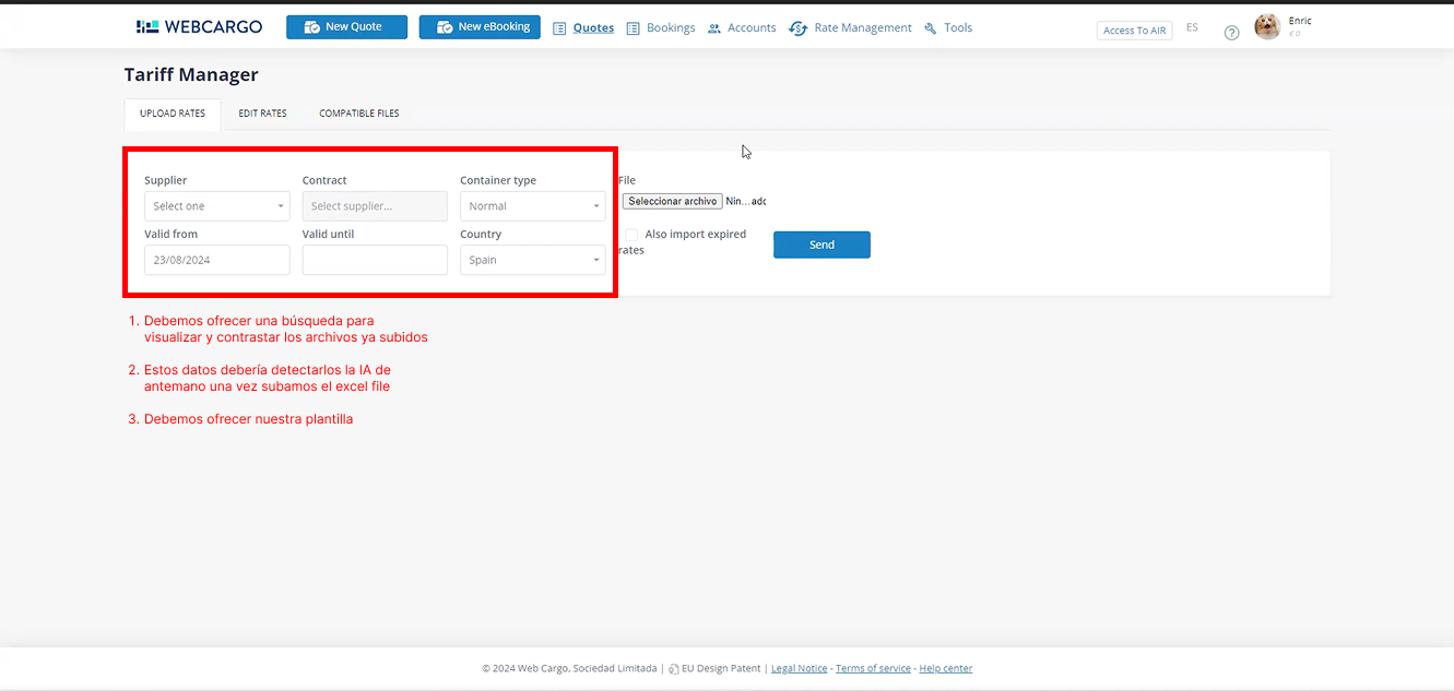 Wireframe del refresh de la interfaz de subida de tarifas, con anotaciones de mejoras a implementar