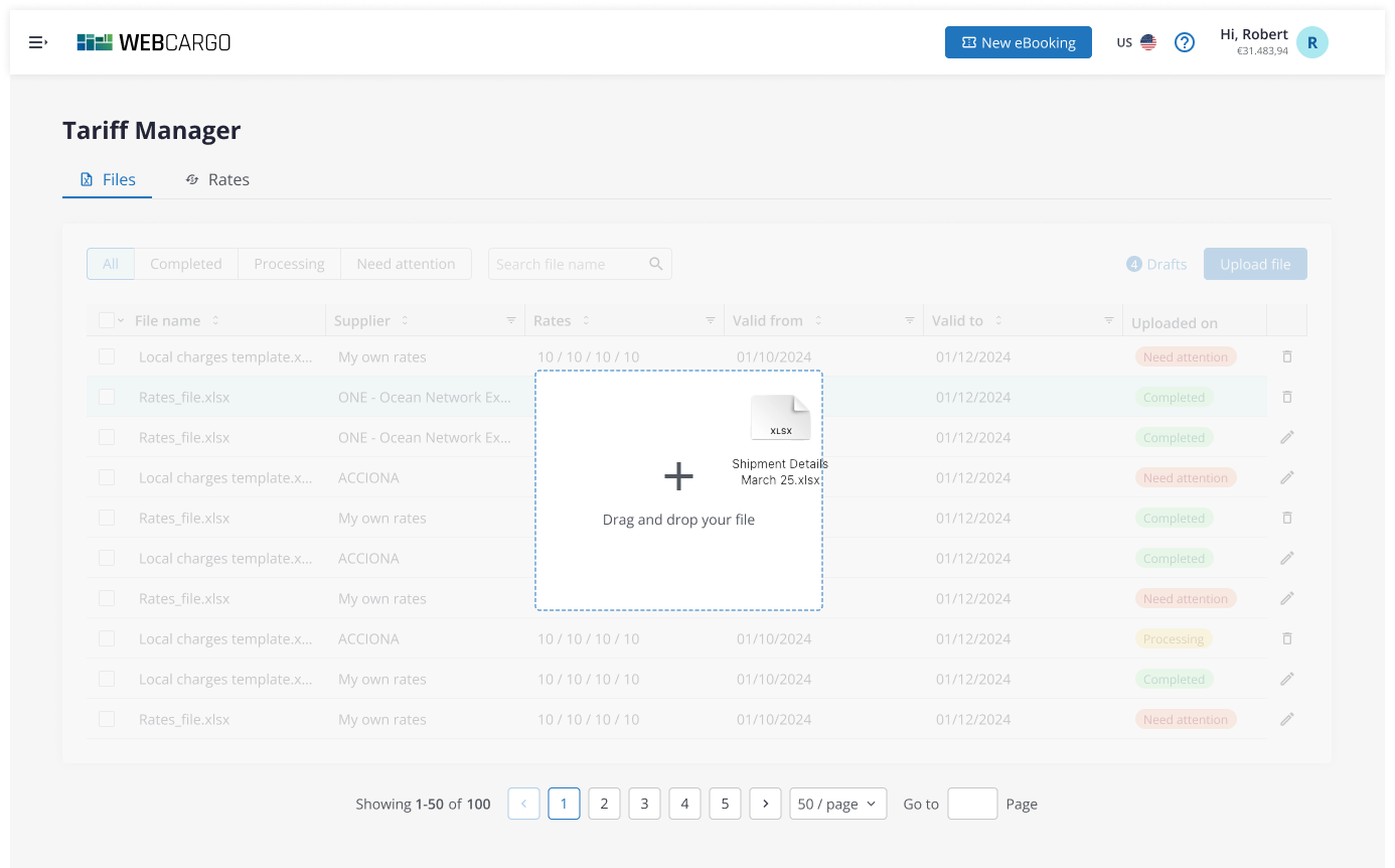 Arrastrando el archivo directamente sobre el Tariff Manager para subirlo