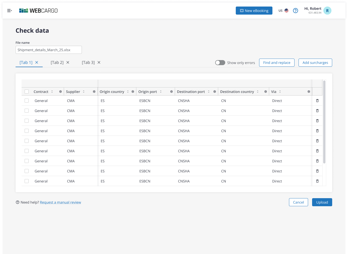 Pantalla de revisión de datos (Check data) antes de confirmar la subida